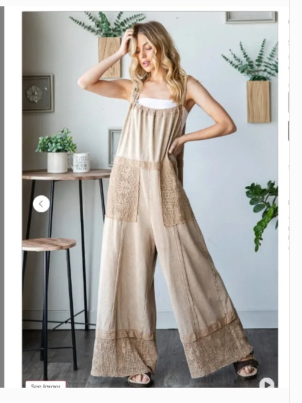 Oli and Hali Mineral Wash Lace Terry Overall Wide Leg Jumpsuit Pockets Tan Large